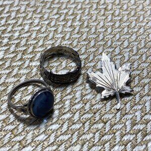 Vintage Sterling Silver Lot – Maple Leaf Brooch, Ornate Band Ring, Blue Cabochon
